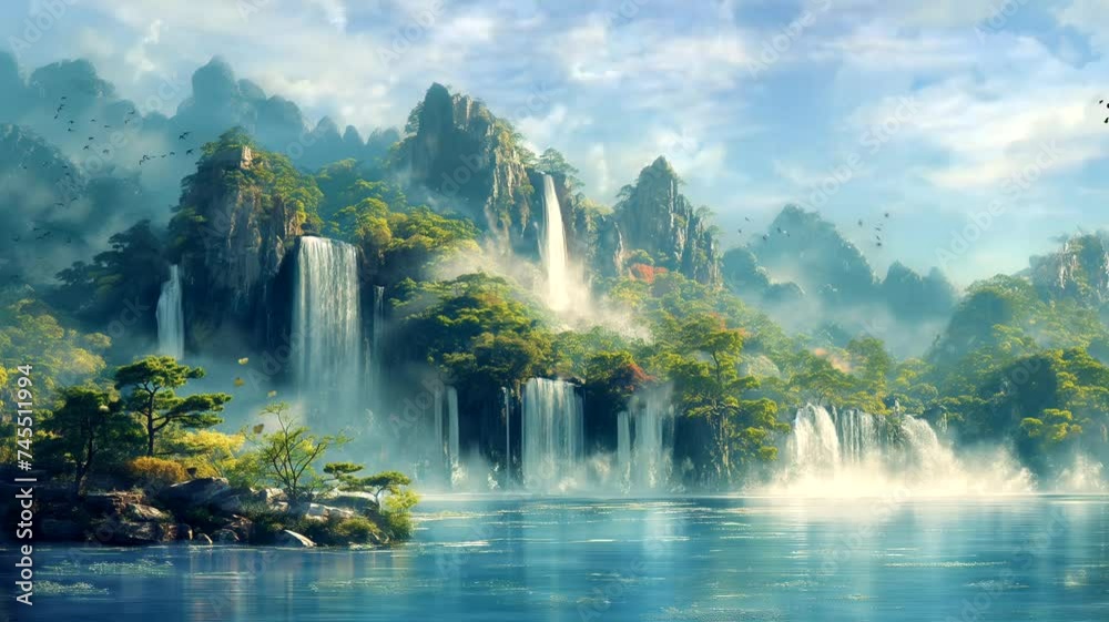 Waterfall in the mountains. Seamless looping time-lapse 4k video animation background