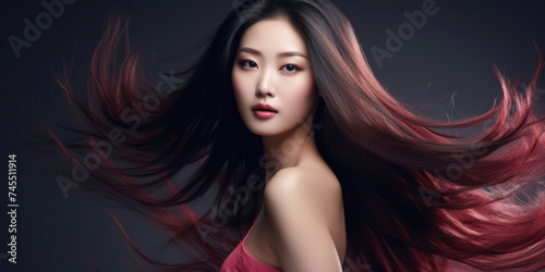 beautiful asian woman model with long and traight hair. hair fashion, cosmetics and makeup concept, copy space
