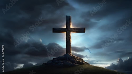 Glow Christian cross on a hill at night with cloud waves , easter photo