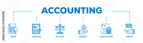 Accounting banner web icon illustration concept with icon of audit, analysis, balance, budget, calculation, and advice icon live stroke and easy to edit 