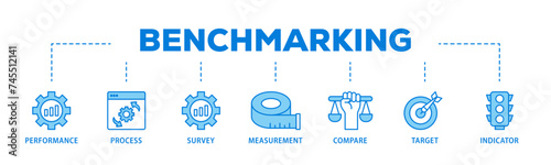 Benchmarking banner web icon illustration concept with icon of performance, process, survey, measurement, compare, target, and indicator icon live stroke and easy to edit 