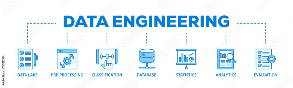 Data engineering banner web icon illustration concept with icon of data lake, pre processing, classification, database, statistics, analytics and evaluation icon live stroke and easy to edit Data engineering banner web icon illustration concept with icon of data lake, pre processing, classification, database, statistics, analytics and evaluation icon live stroke and easy to edit
