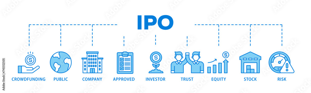 Ipo banner web icon illustration concept with icon of crowdfunding, public company, approved, investor, trust, equity, stock and risk icon live stroke and easy to edit Ipo banner web icon illustration concept with icon of crowdfunding, public company, approved, investor, trust, equity, stock and risk icon live stroke and easy to edit