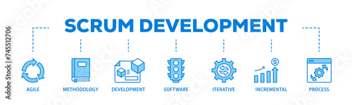 Scrum development banner web icon illustration concept with icon of agile, methodology, development, software, iterative, incremental and process icon live stroke and easy to edit 