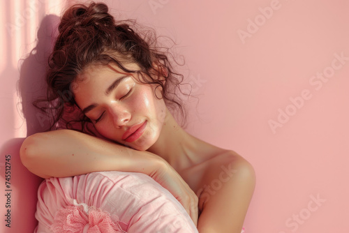beautiful young woman hugging a pillow  on light rose color background