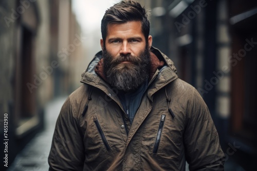 Portrait of a bearded man in a coat in the city.