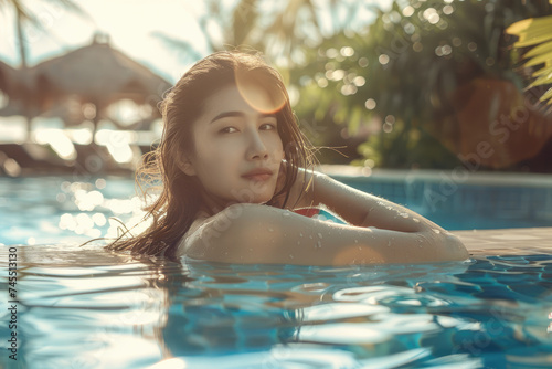 beautiful young woman relaxing in the pool, travel and beach holiday vacation concept © Kien
