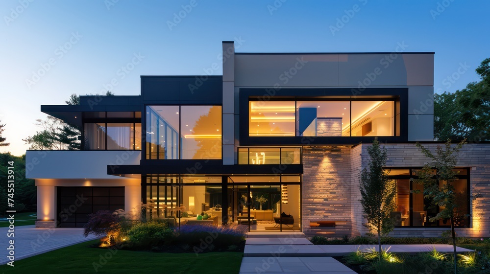 Obraz premium A modern and spacious two-story house, perfect for showcasing in business rentals, homes for sale, and advertisements