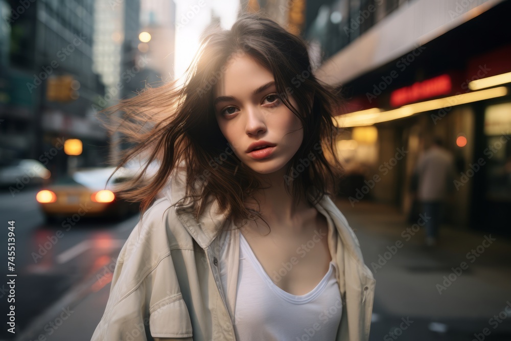 Portrait of a beautiful young brunette woman in the city at sunset