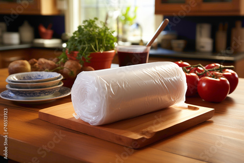 A roll of everyday disposable plastic wrap in a kitchen setting