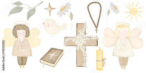 Baby baptism watercolor big set. Illustrations on isolated white background. Angels boy and girl, bible book, cross and candle. Botany elements branch, chamomile flower and bird. Candle with fire and