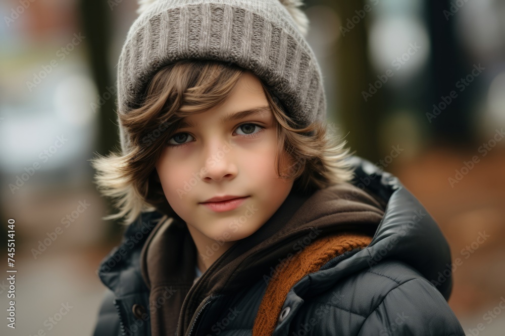 Portrait of a boy in a warm hat and coat. Outdoors. Portrait of a boy in a warm hat and coat. Outdoors.