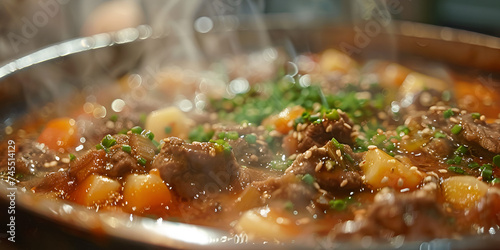 Freshly cooked beef stew in rustic crockery bowl.AI Generative