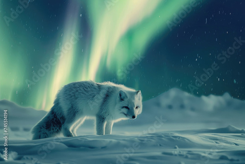 An Arctic fox in a snowy landscape under the aurora borealis