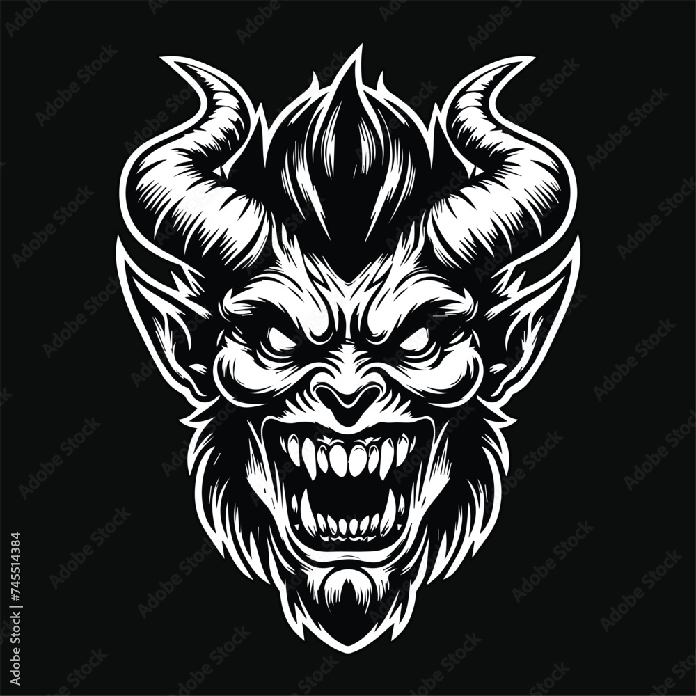 Dark Art Angry Demon Head Black and White Illustration