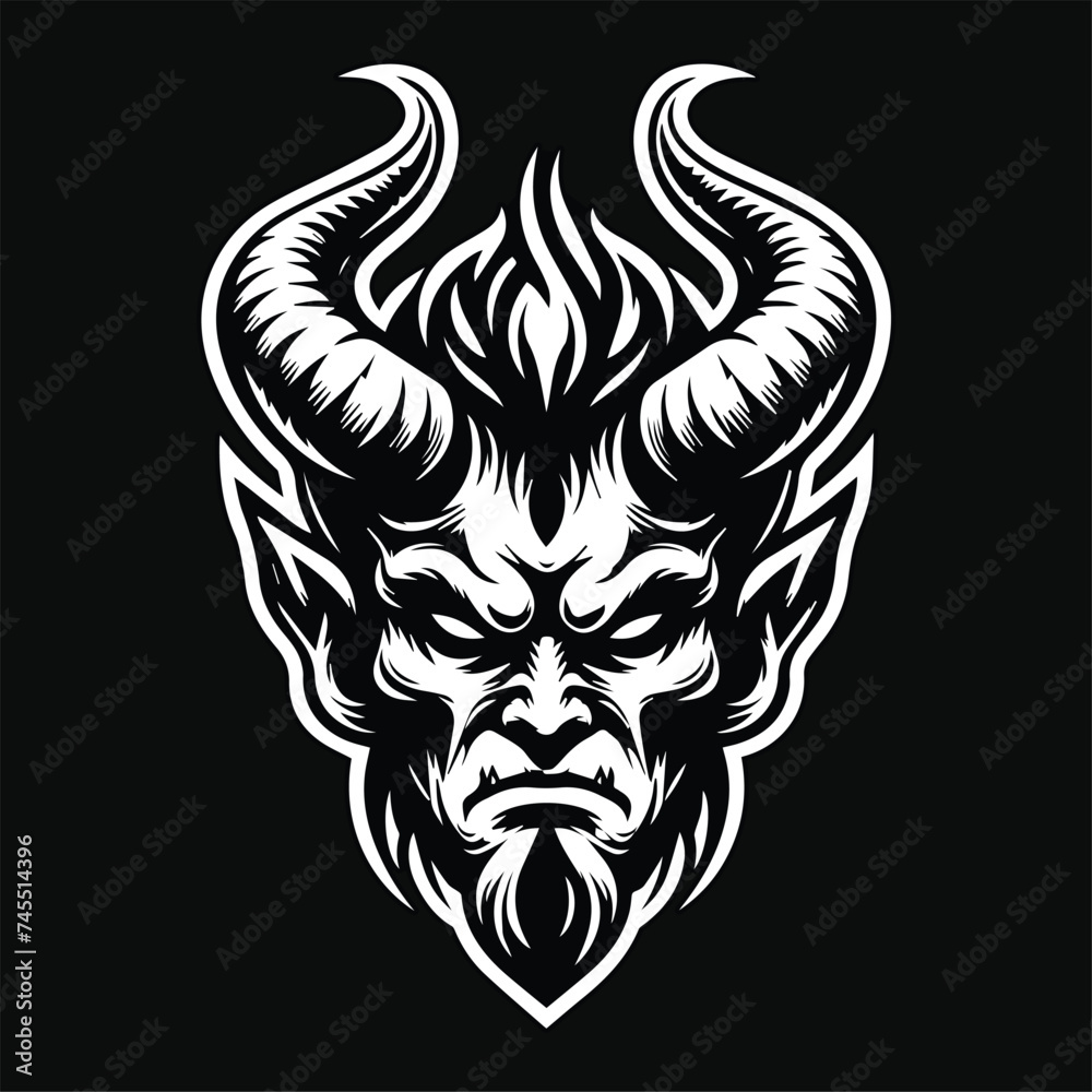 Fototapeta premium Dark Art Angry Demon Head Black and White Illustration