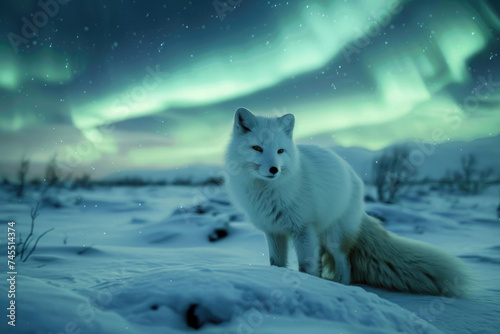 An Arctic fox in a snowy landscape under the aurora borealis © Veniamin Kraskov