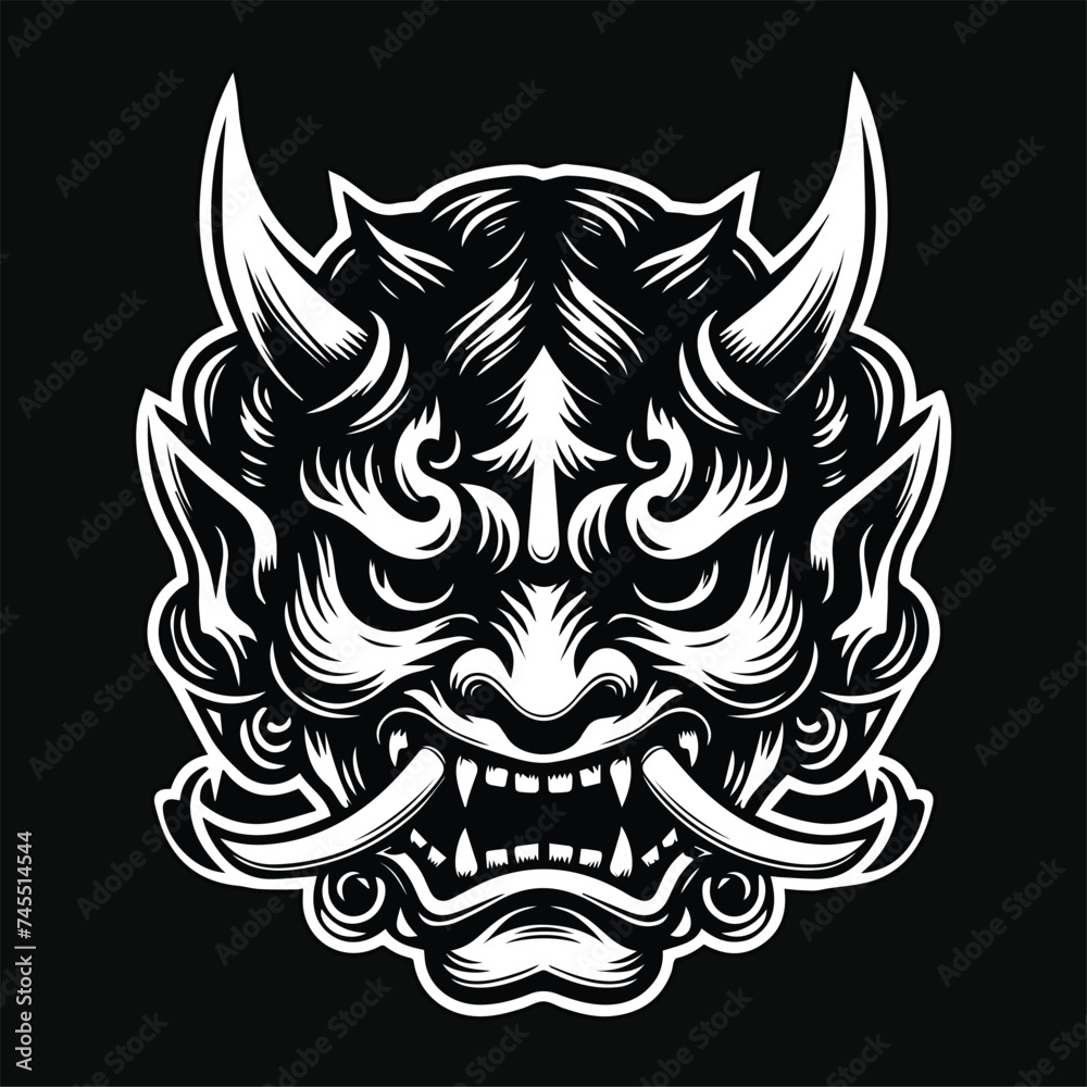 Dark Art Scary Japanese Hannya Mask Black and White Illustration