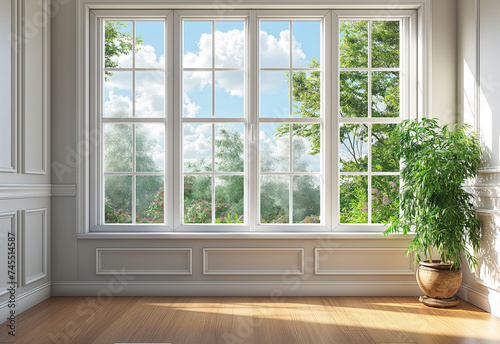 White empty room with green home plants. Interior mockup. Generative AI © AntonSh