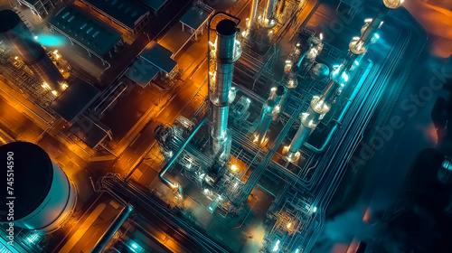 Bird's Eye View Oil refinery plant at night, petroleum and petrochemical energy plant with drum towers and pipes, industrial construction, gas, diesel and chemical production business