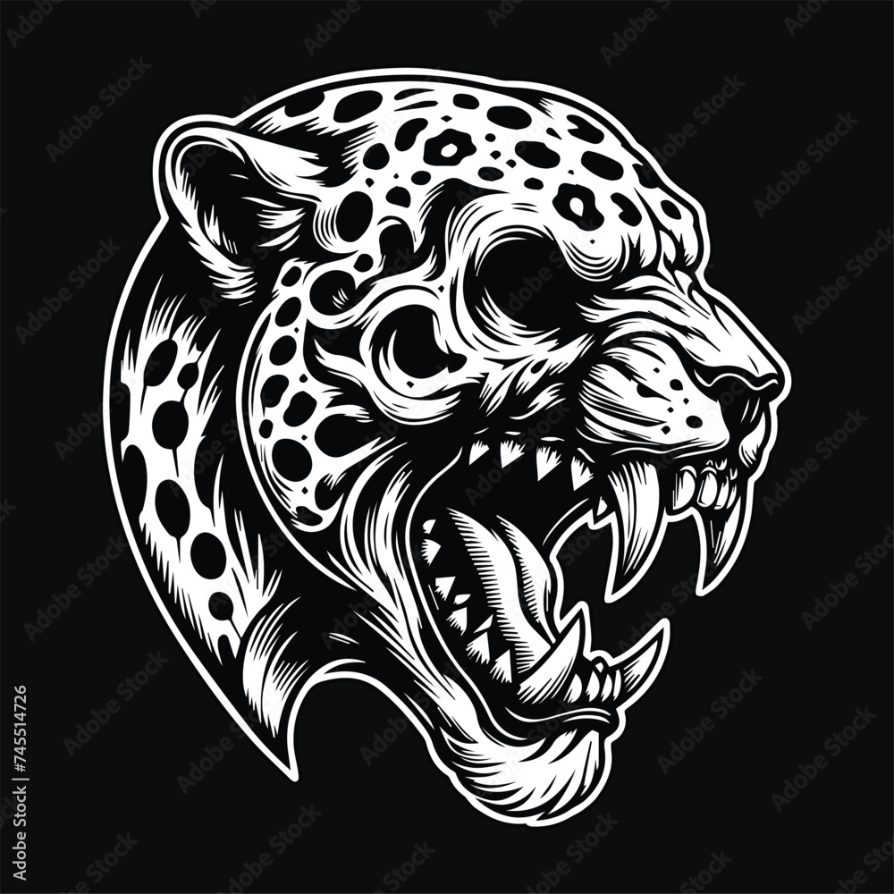 Fototapeta premium Dark Art Angry Skull Beast Leopard Head Black and White Illustration