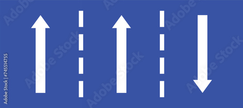 Set highway blue traffic sign three line road two straight right opposite direction white arrow. Mandatory information route coution symbol collection for web mobile isolated white background
