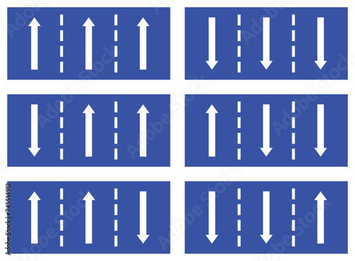 Set highway blue traffic sign three line road two straight direction and turn left white arrow. Mandatory information route coution symbol collection for web mobile isolated white background