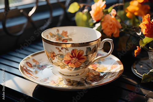 A charming disposable teacup with a floral pattern on a breakfast table