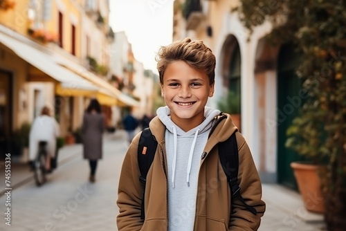 Portrait of a cute young boy in a city street, smiling