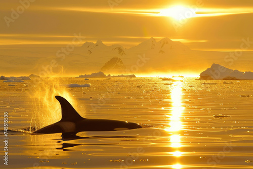 An orca surfaces in Arctic waters under the midnight sun © Venka
