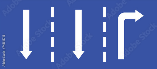 Set highway blue traffic sign three line road two opposite direction and turn right white arrow. Mandatory information route coution symbol collection for web mobile isolated white background