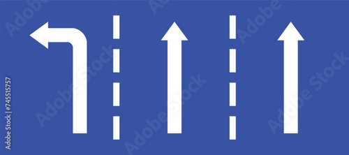 Set highway blue traffic sign three line road two straight direction and turn left white arrow. Mandatory information route coution symbol collection for web mobile isolated white background
