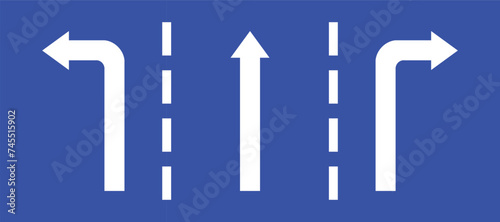 Set highway blue traffic sign three line road straight direction turn left and right white arrow. Mandatory information route coution symbol collection for web mobile isolated white background
