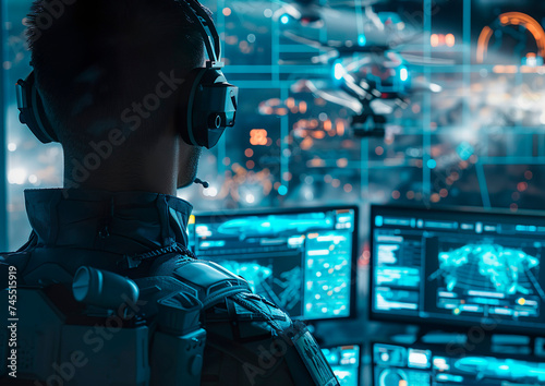 Concept uturistic command center overlooking a digital battlefield