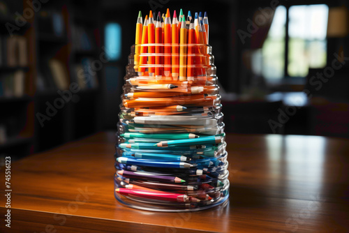 A stack of disposable writing pens and markers on an office desk