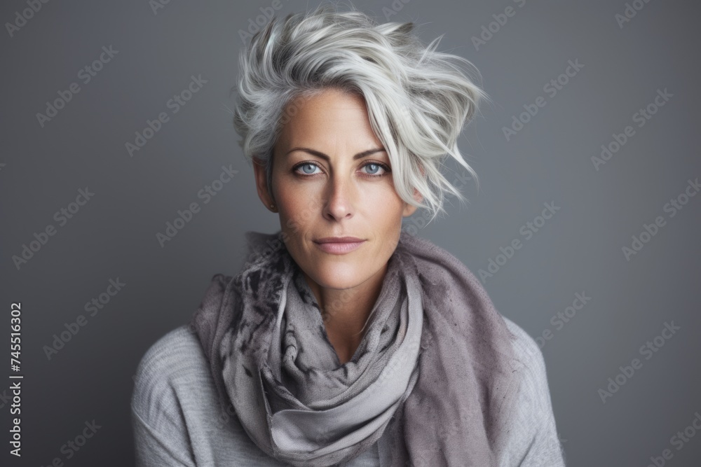 Portrait of a beautiful middle-aged woman with short blond hair wearing a gray scarf