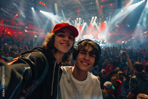  two young friends guys at a concert in a giant indoor arena