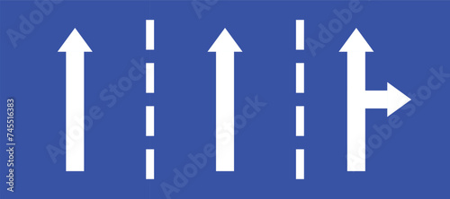 Set highway blue traffic sign three line road two straight direction or right turn primited arrow. Mandatory information route coution symbol collection web mobile isolated white illustration.