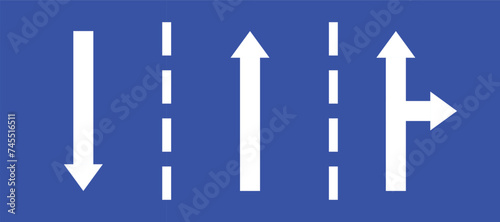 Set highway blue traffic sign three line road opposite straight direction or right turn primited arrow. Mandatory information route coution symbol collection web mobile isolated white illustration.