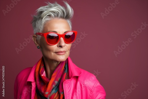 Portrait of a beautiful middle-aged woman with short gray hair wearing pink jacket and red sunglasses