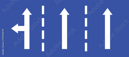 Set highway blue traffic sign three line road two straight direction or left turn primited arrow. Mandatory information route coution symbol collection web mobile isolated white illustration.