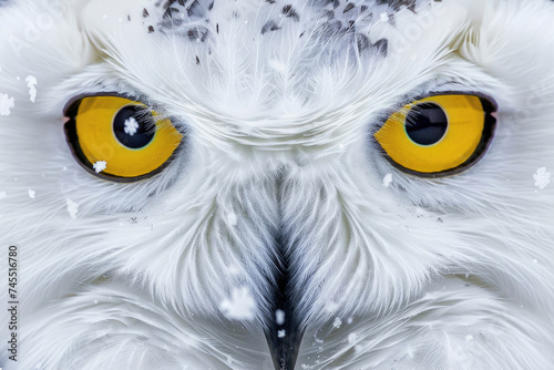 Intimate close-up of a snowy owl's face, eyes piercing the soul
