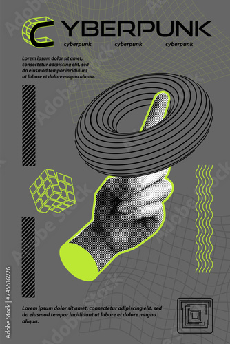Trendy halftone hand drawn collage. Doodle. Index finger of the hand. Business, time. Retro halftones in fashionable style. Modern vector illustration.