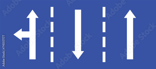 Set highway blue traffic sign three line road straight opposite direction or left turn primited arrow. Mandatory information route coution symbol collection web mobile isolated white illustration.