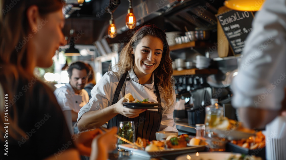 Smiling female chef is serving dish to restaurant customers
