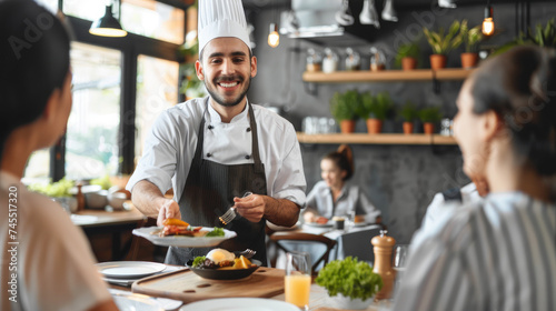 Smiling male chef is serving dish to restaurant customers © Kien