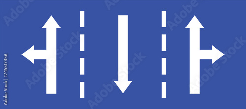 Set highway blue traffic sign three line road opposite direction right or left turn primited arrow. Mandatory information route coution symbol collection for web mobile isolated white background