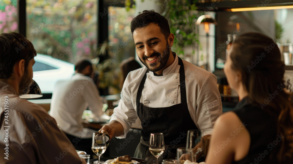 Smiling male chef is serving dish to restaurant customers