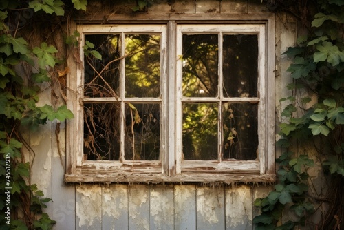 Old window frame. Wooden rustic. Generate Ai © juliars