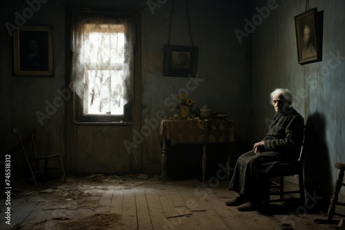 Old woman sitting alone in front of the door. Home room. Generate Ai